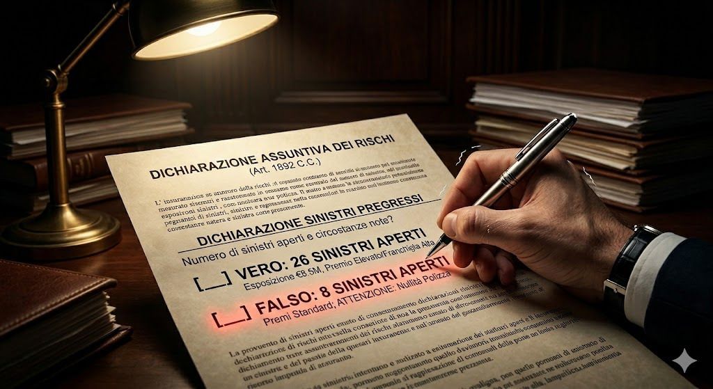 Modulo assicurativo con dichiarazione sinistri falsata da 26 a 8 su RC professionale.