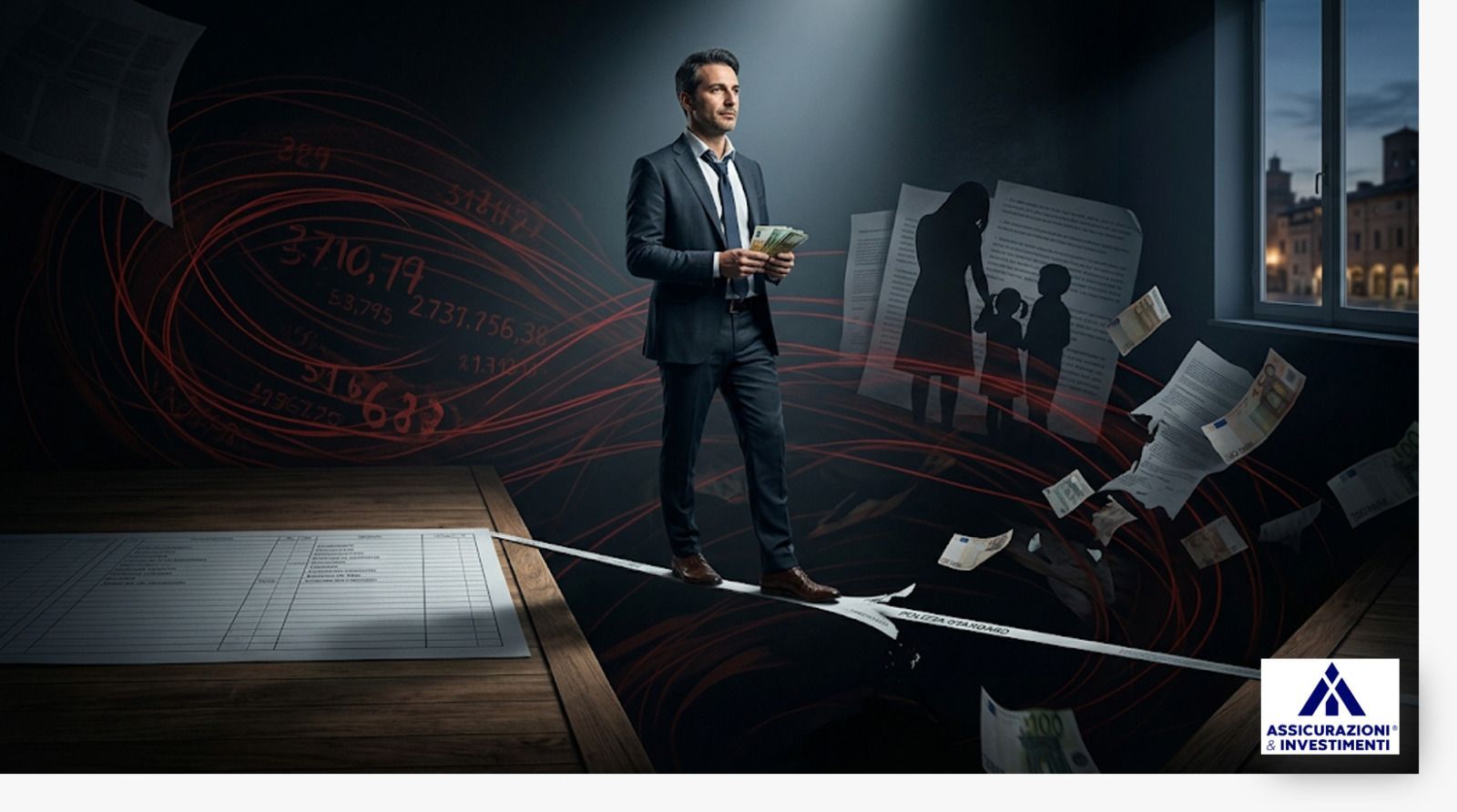 Uomo in equilibrio precario con soldi e documenti che volano e famiglia sullo sfondo