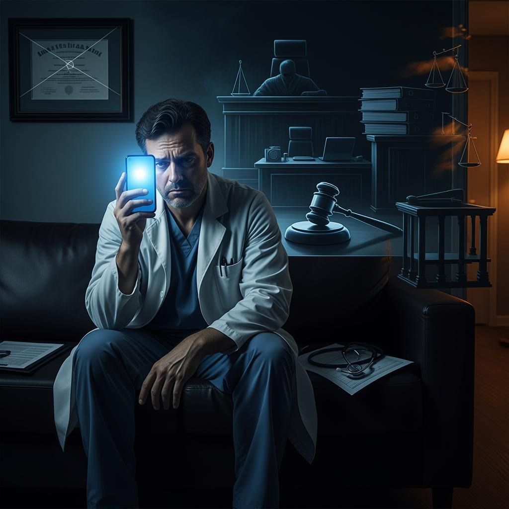 Medico seduto al buio guarda  il telefono senza rendersi conto di ciò che potrebbe succedergli