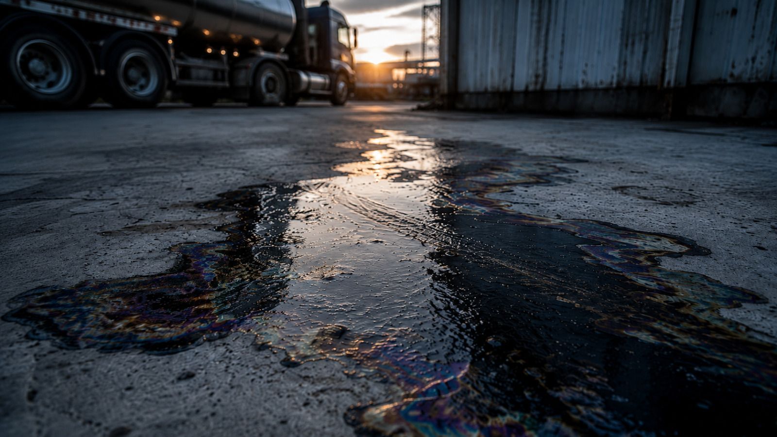 Chiazza d'olio sul suolo dell'azienda. Un camion lascia il piazzale al tramonto 