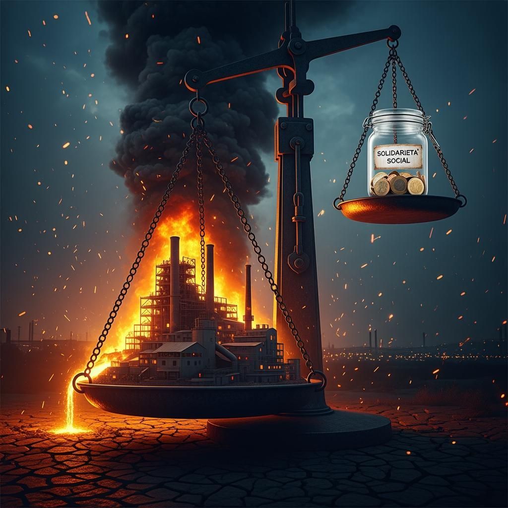 Bilancia con impianto industriale in fiamme e contenitore di donazioni.