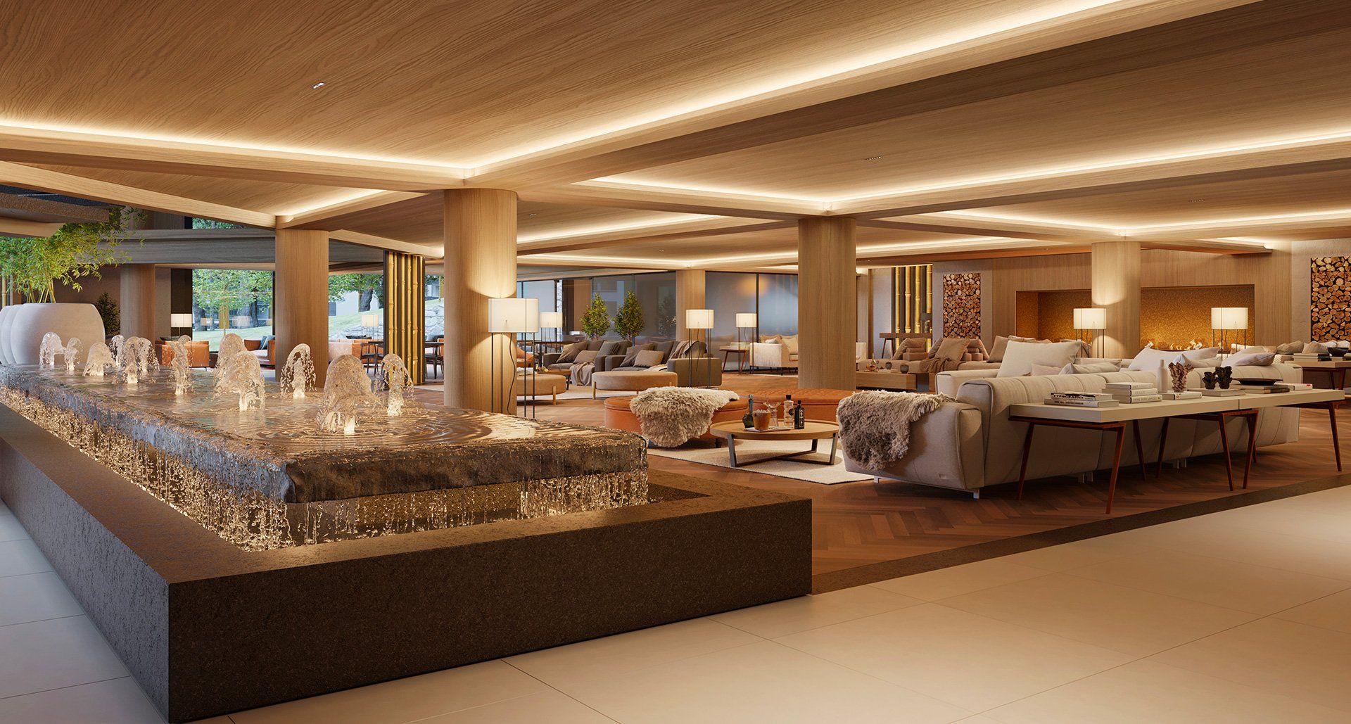 Uma impressão artística de um lobby de hotel com uma fonte.