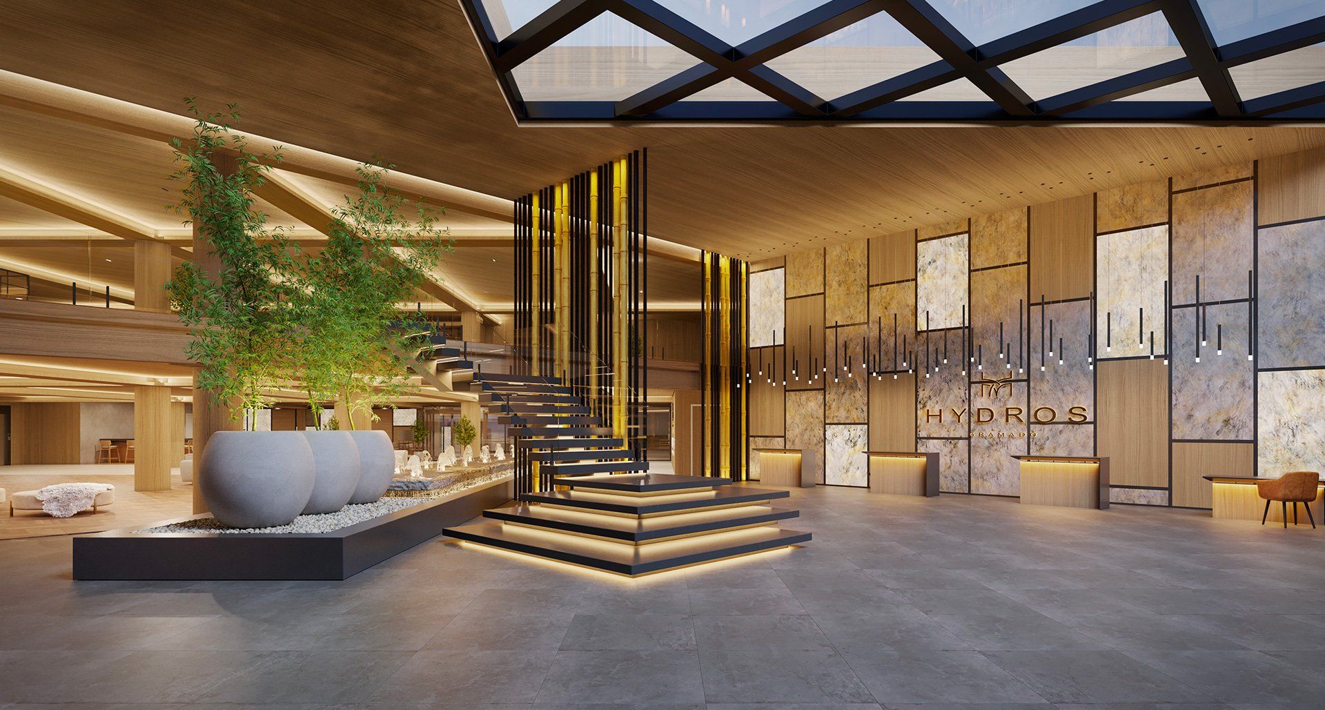 Uma impressão artística do lobby de um hotel com escadas que levam ao segundo andar.