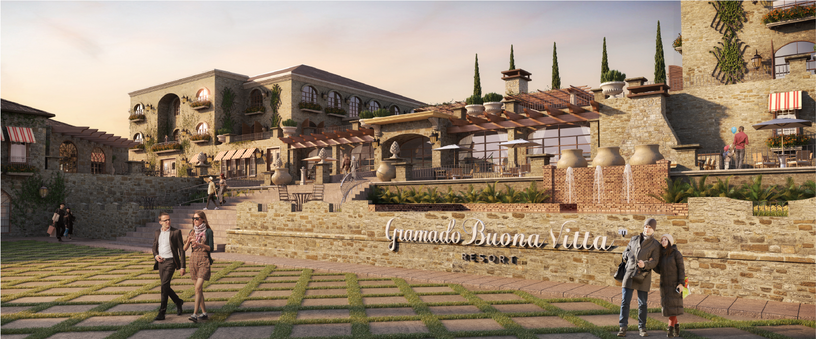 Um grupo de pessoas caminha em frente a um grande edifício de pedra.