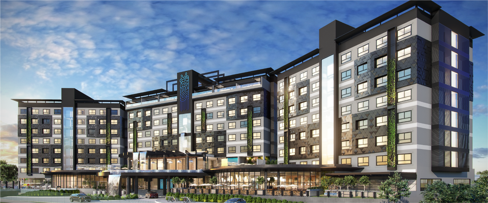 Impressão artística de um grande prédio de apartamentos.