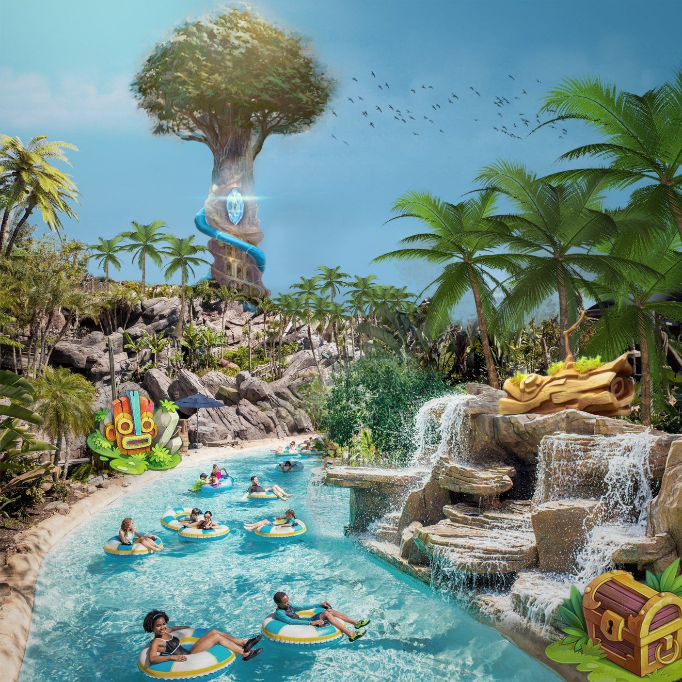 Um grupo de pessoas flutua em jangadas em um parque aquático.