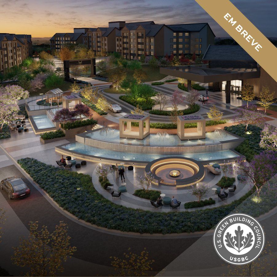 Impressão artística de um parque com uma placa que diz em breve