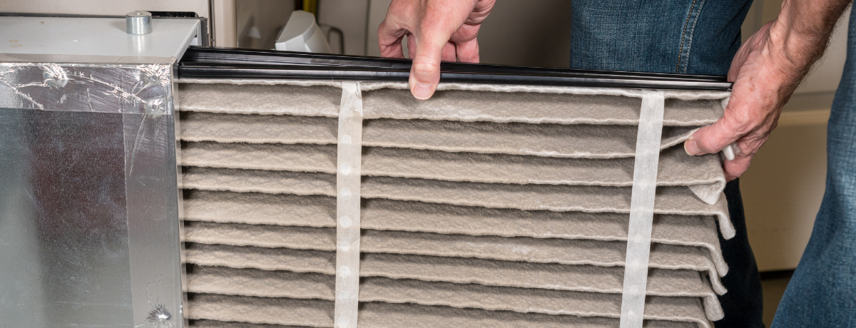 A person is holding a dirty air filter in their hands.