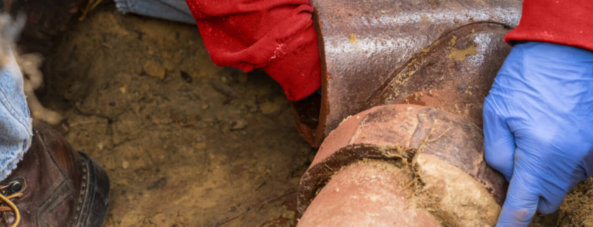 A person wearing blue gloves is holding a piece of wood.