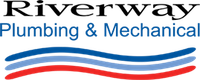 A riverway plumbing and mechanical logo with a blue , red and white wave