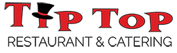 a red and black logo for tip top restaurant and catering