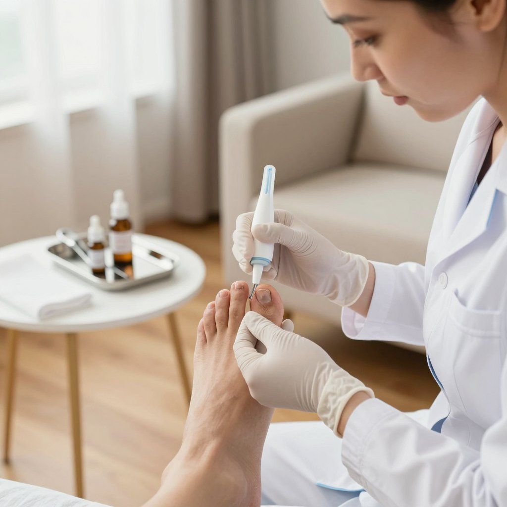 A person's foot is being treated by a nurse using a medical tool in a white-walled room.