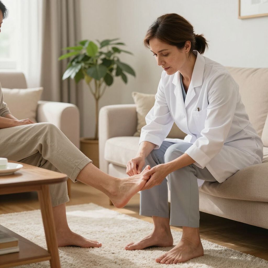Medical professional examining a patient's foot on a sofa.