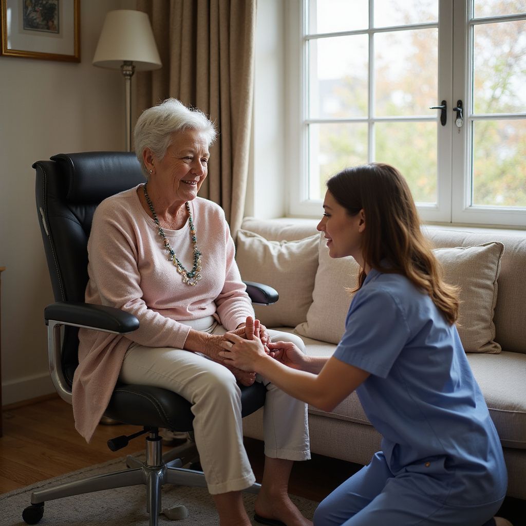 Woman in chair smiling, holding hands with a kneeling caregiver in a home setting.