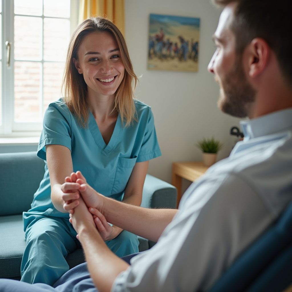 A medical professional in teal scrubs holds a patient's hands, smiling, in a home setting.
