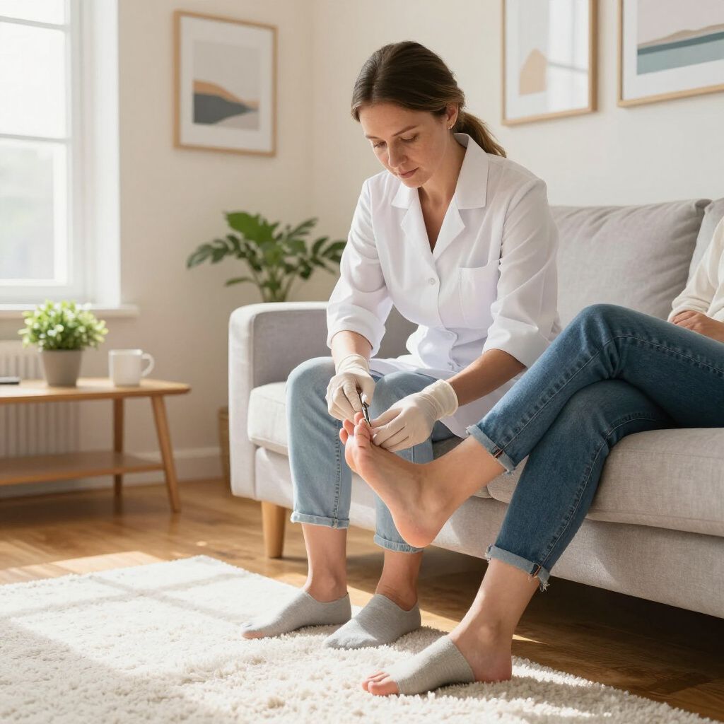 A nurse examines a patient's foot on a sofa in a living room, wearing gloves and a lab coat.