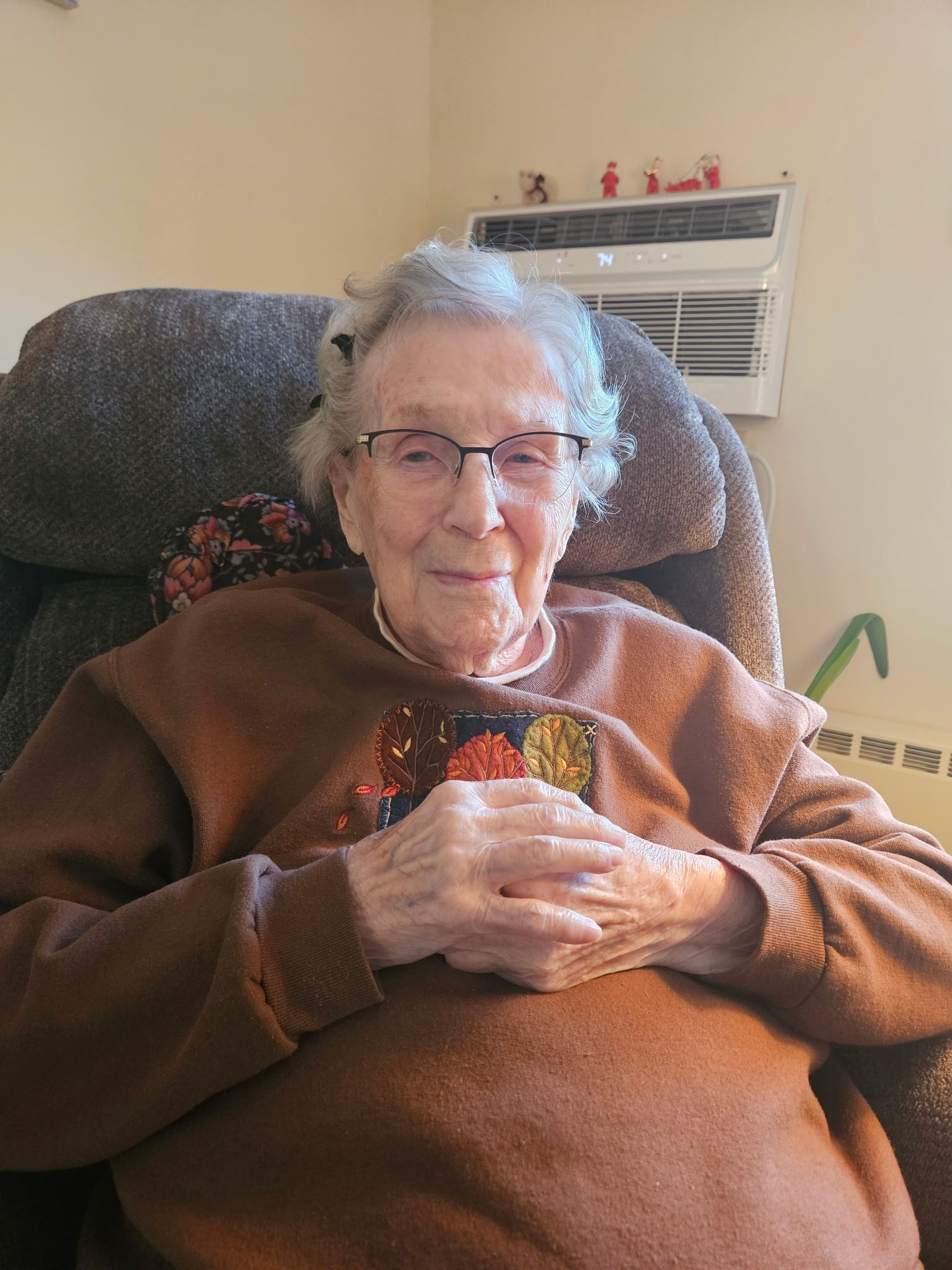Older woman with glasses smiles, sitting in a patterned brown armchair indoors, hands clasped, wearing a brown sweater.