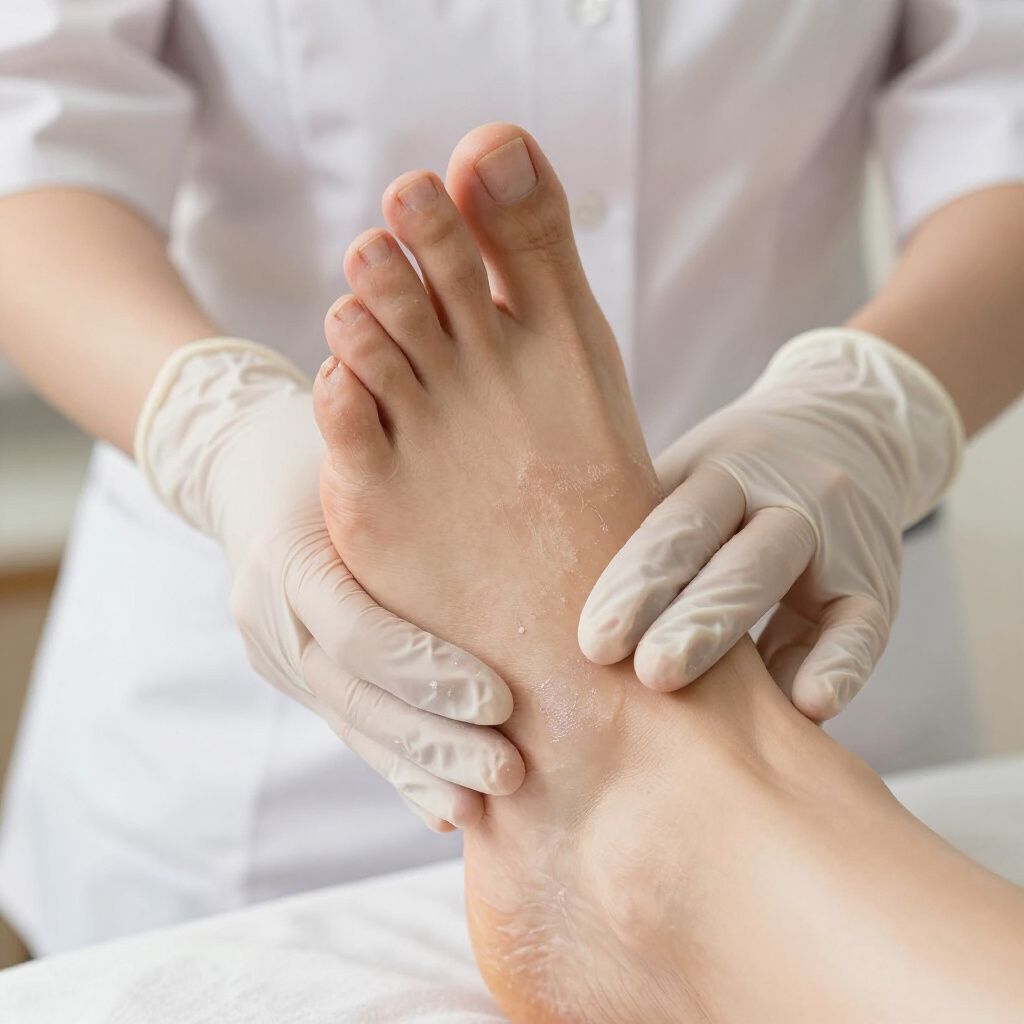 A nurse in gloves examines a foot. Medical setting. White coat and gloves, fair skin.