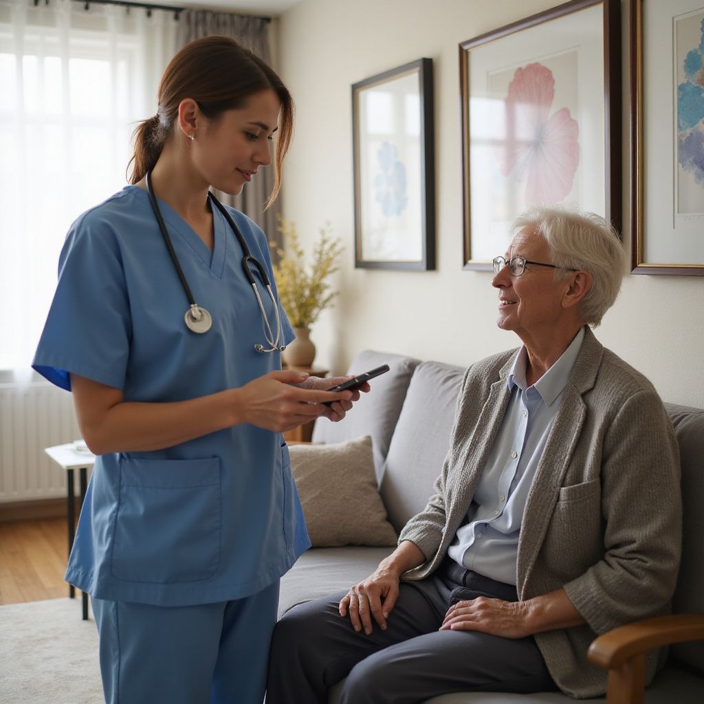 Nurse in blue scrubs consulting with a patient in a living room, holding a device.