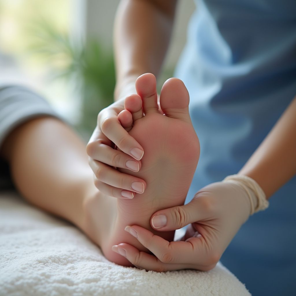Person examining the sole of a foot, indoors, soft lighting. Foot rests on a white towel.