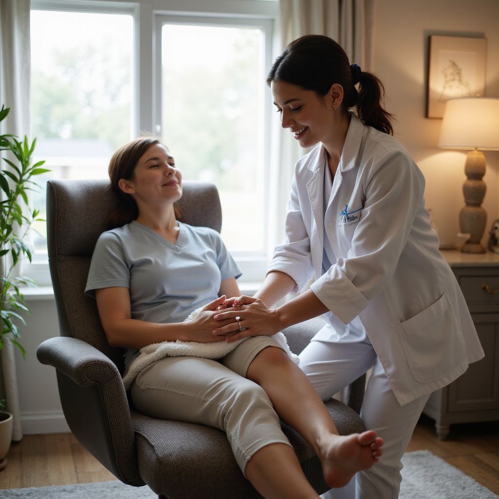 A healthcare provider examines a patient's leg while she sits in a recliner with a heat pack.