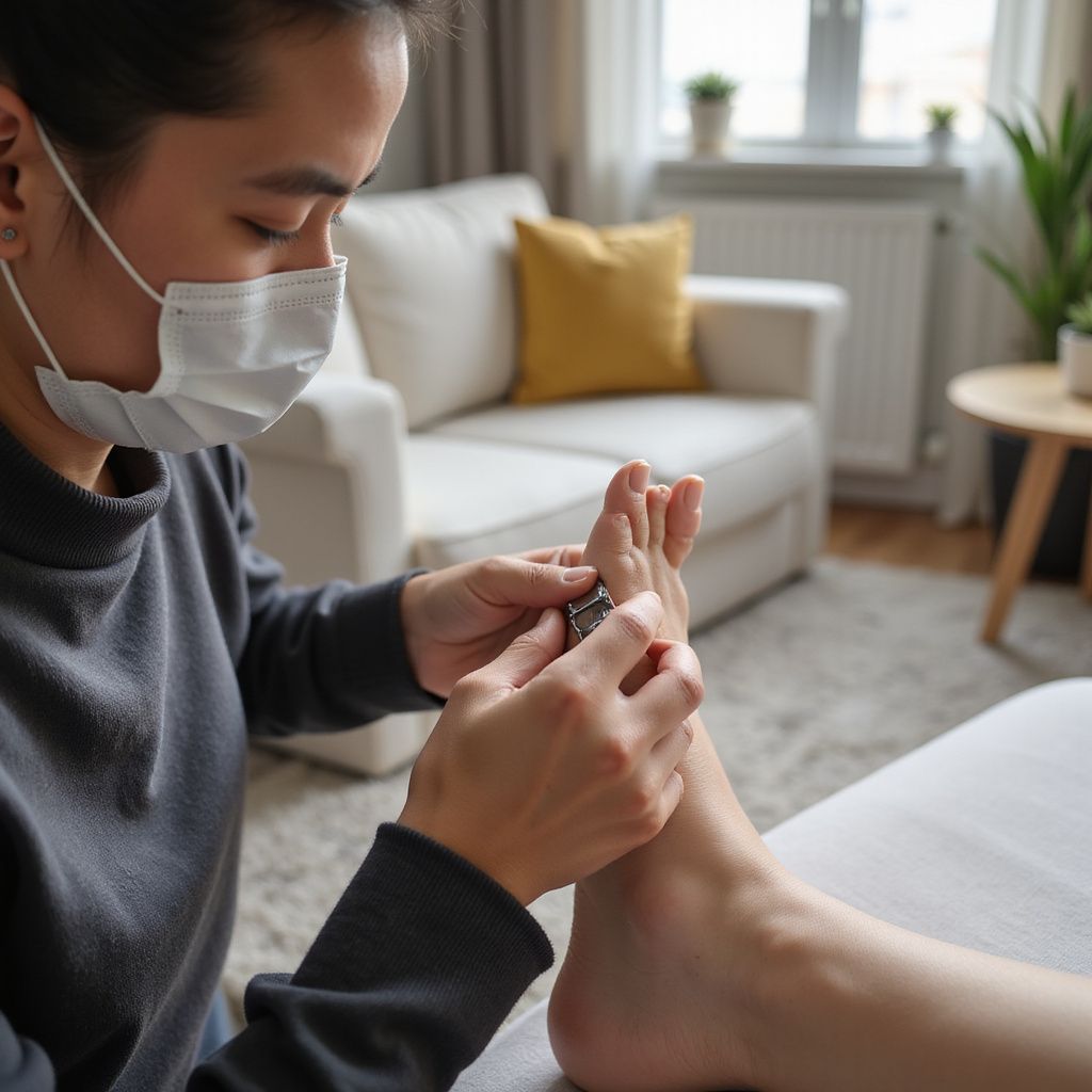 Person in mask filing foot, indoors. Beige couch, small table with plants in background.