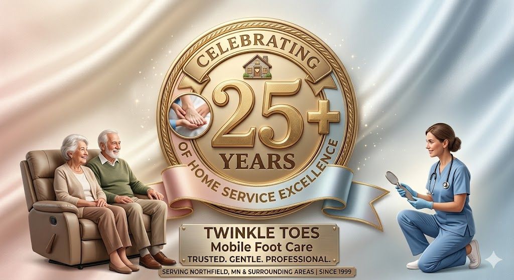 An elderly couple sits in a chair while a healthcare professional prepares to provide mobile foot care services.