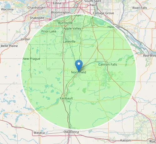 Map showing Northfield, MN, with a green circular area indicating a geographic radius.