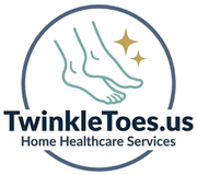 Logo for TwinkleToes.us Home Healthcare Services featuring an outline of two feet and two gold stars inside a blue circle.