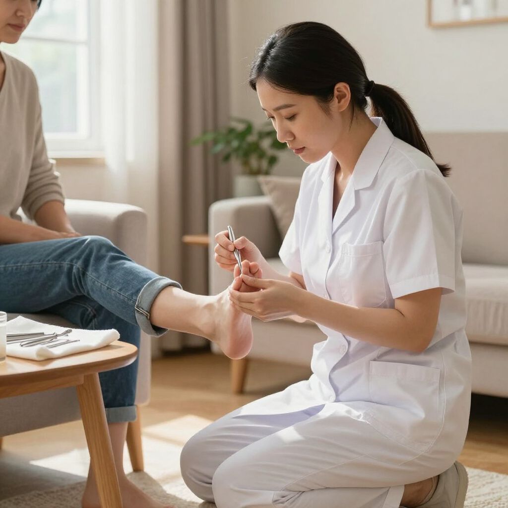 Woman in white scrubs tending to a person's foot indoors, using tools.