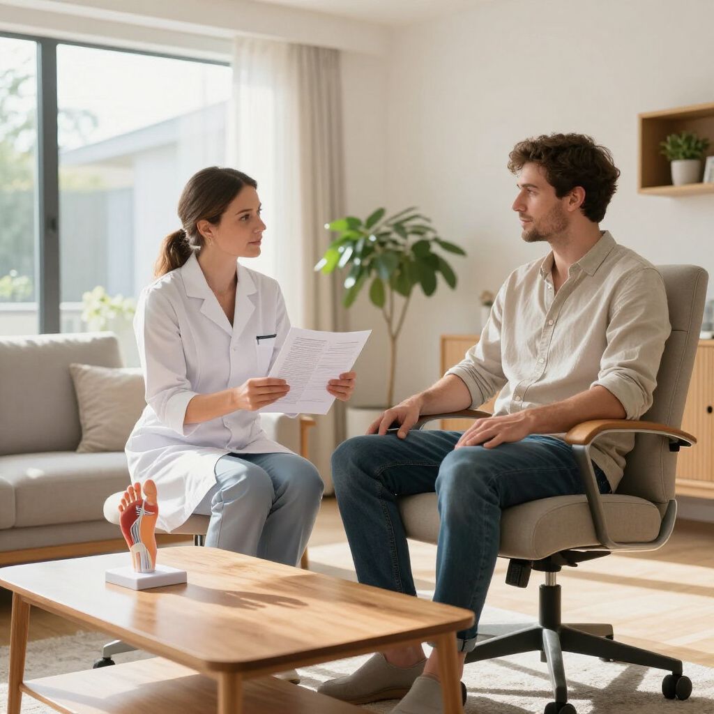 A doctor and patient discuss a medical report in a home setting. A foot model is on the table.