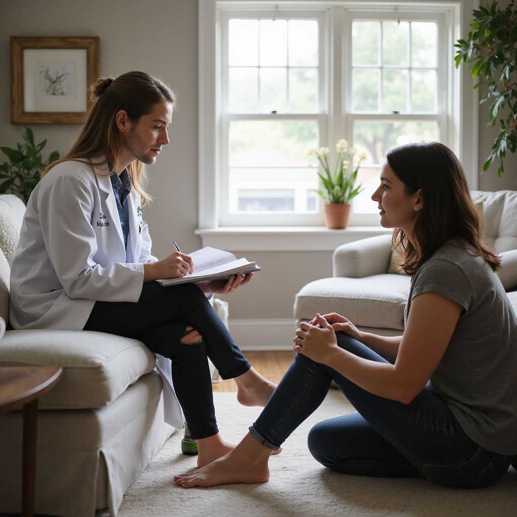 A doctor in a white coat consults with a patient sitting on the floor in a living room.