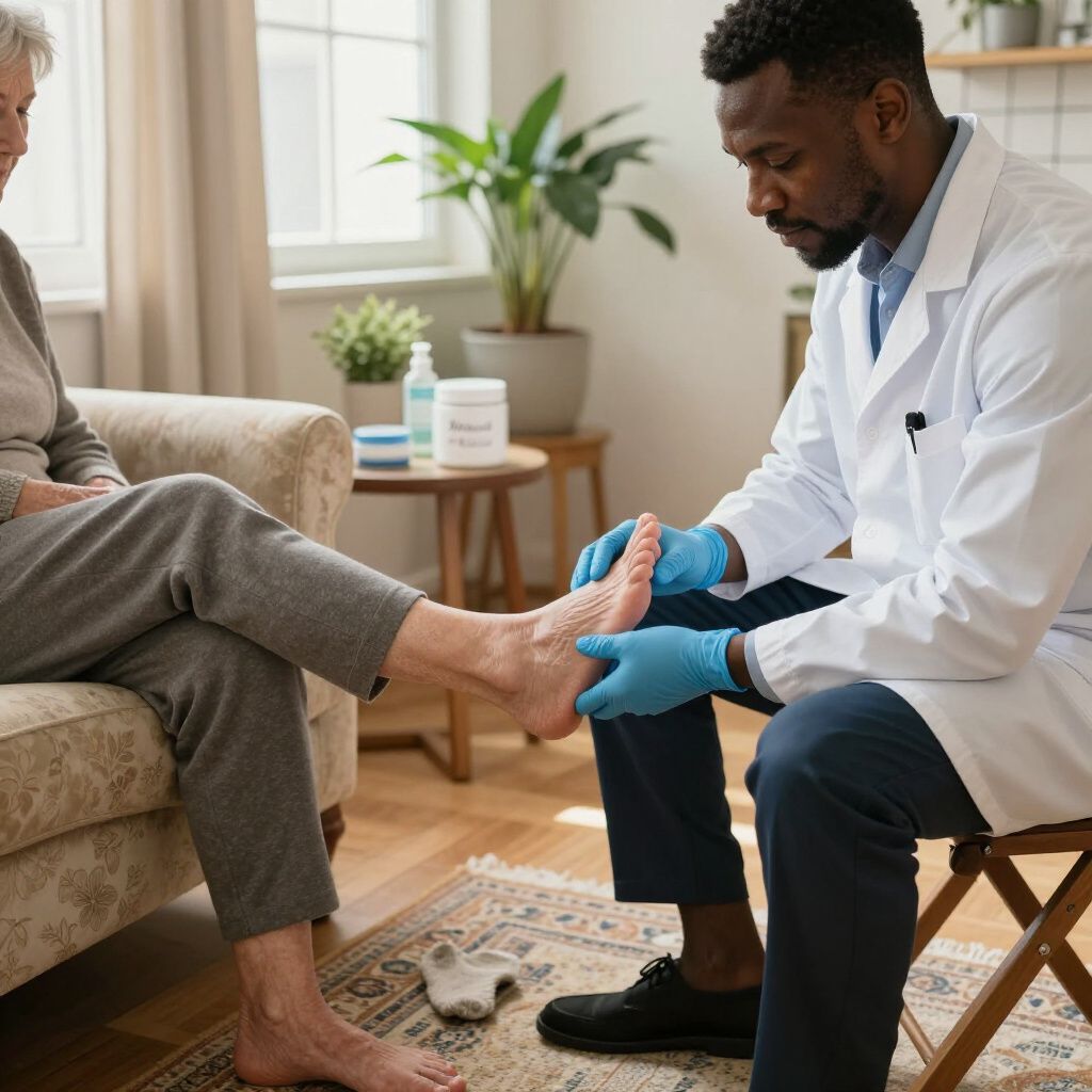 Doctor examining a patient's foot. Indoors, seated patient, doctor wears gloves.