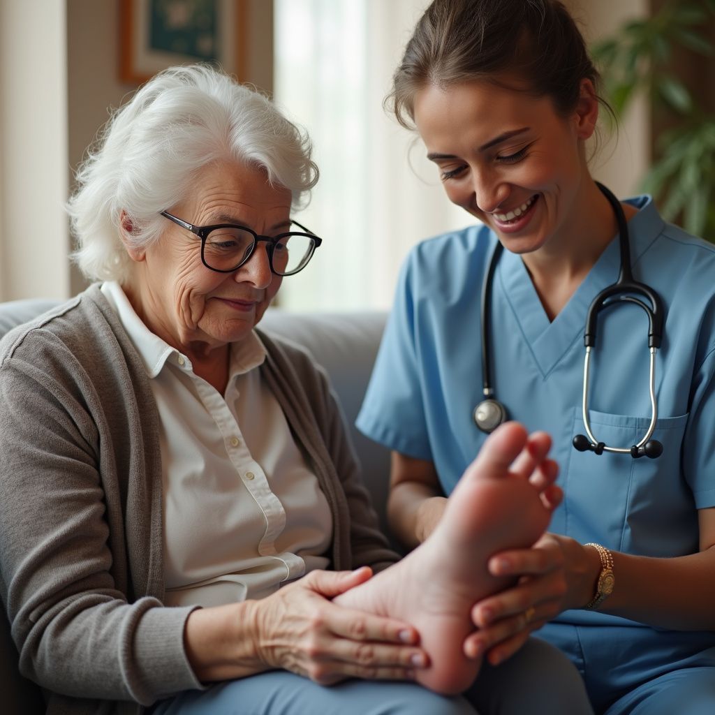 Nurse examines an elderly person's foot indoors. Nurse smiles; patient looks down.