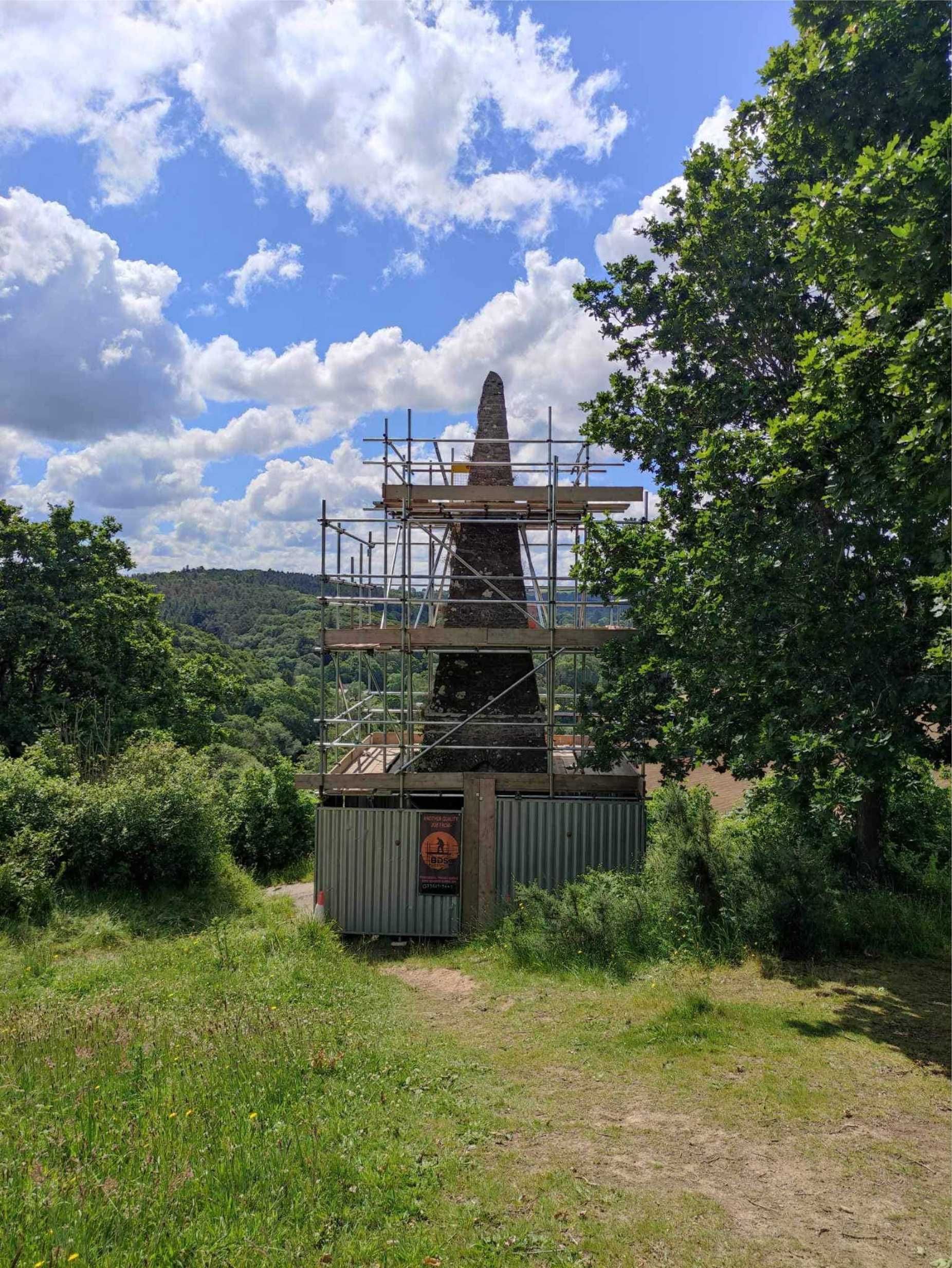 Scaffolding around the Waterloo monument on Torrington commons erected by BDS Access, a very hard but rewarding job