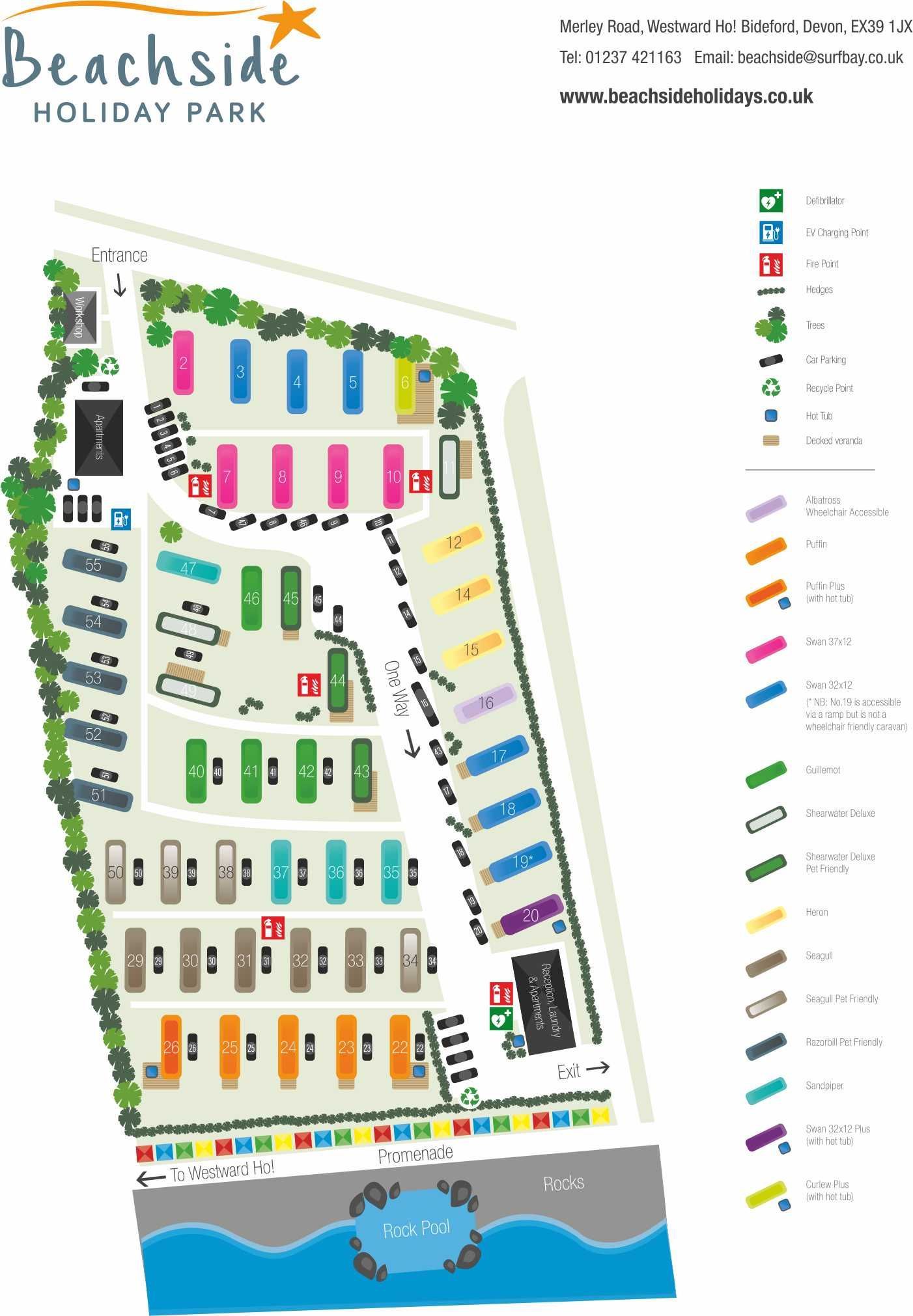 The map of Beachside Holiday park in Westward Ho! coastal resort in the South West. A relaxing holiday, staycation or budget stay away to this UK beach resort