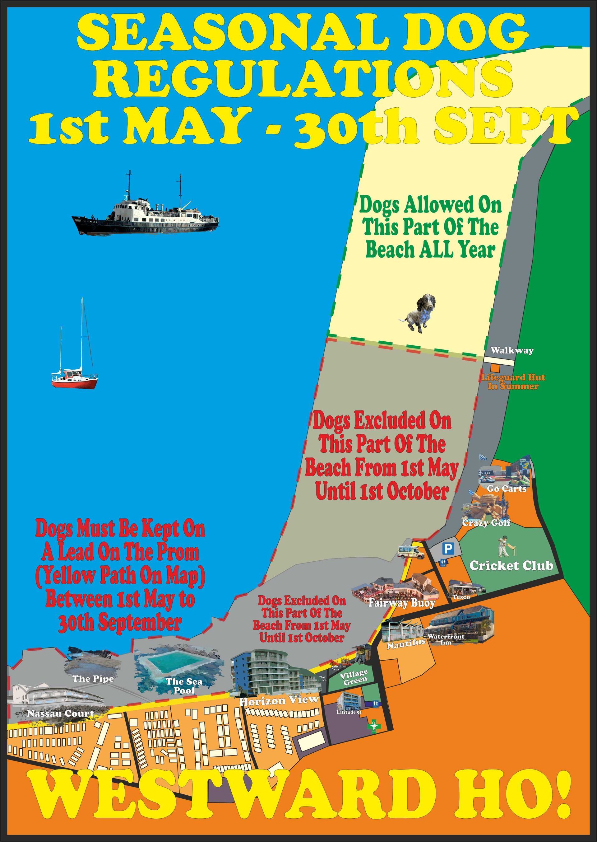 A map showing the seasonal dog regulations at Westward Ho! Devon. Dogs can use all of the beach between October 1st to April 30th.