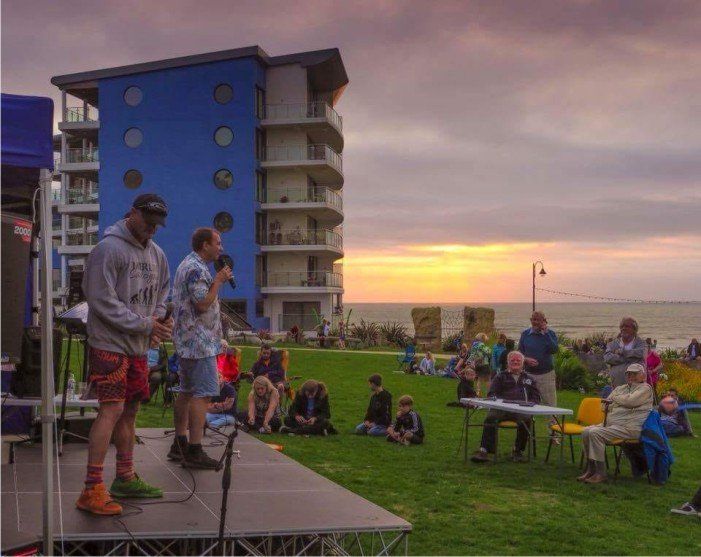 Merlin Cadogan and Peter Sawyer on stage at the Westward Ho! Sunset Festivals