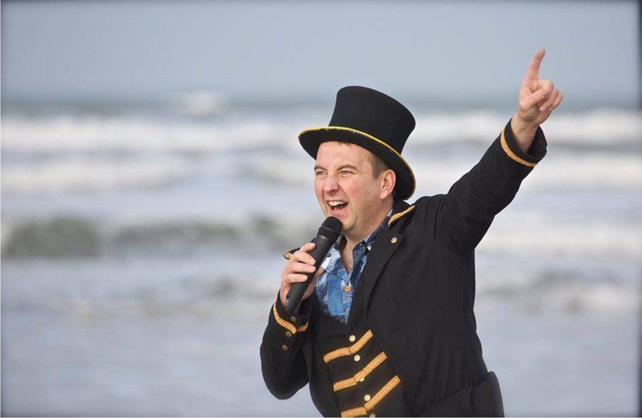 Peter Sawyer organiser and MC for the new years day fancy dress dip in Westward Ho!, Devon. This is a great free event in the South West of the UK and draws people in from around the country.