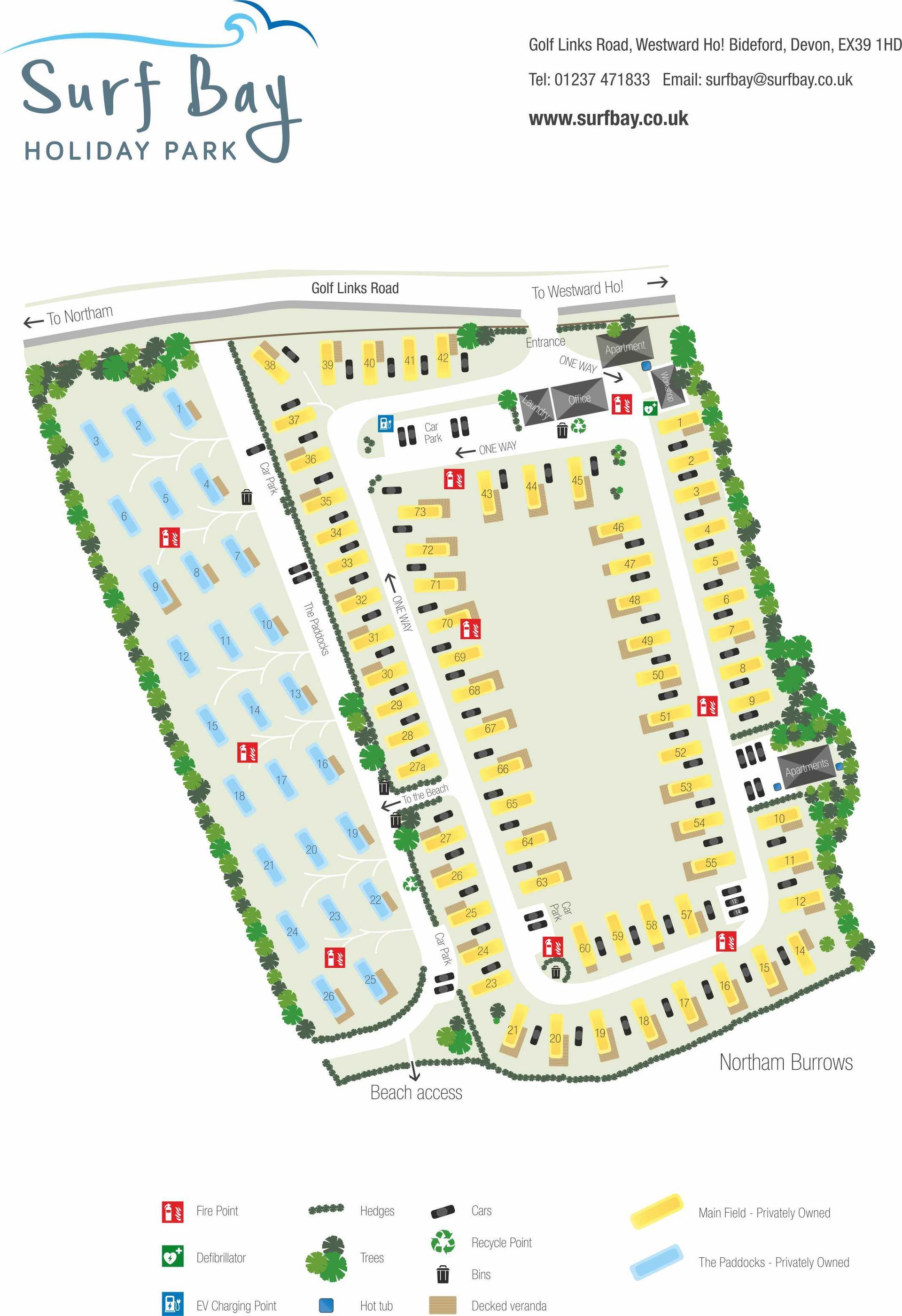 The map of Surfbay Holiday park in Westward Ho! a coastal resort in the South West. A relaxing holiday, staycation or budget stay away to this UK beach resort. You can also purchase a holiday home here.