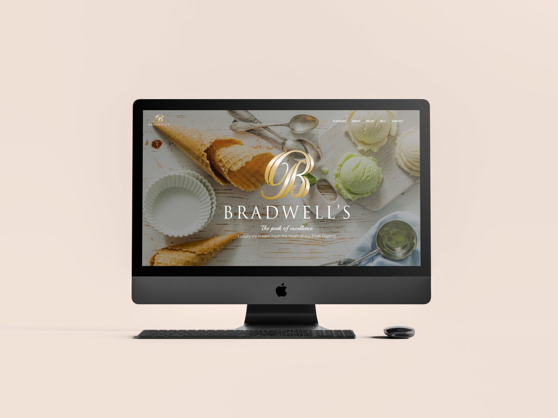 A computer screen displays Bradwell's Real Vanilla website, featuring ice cream cones and scoops.
