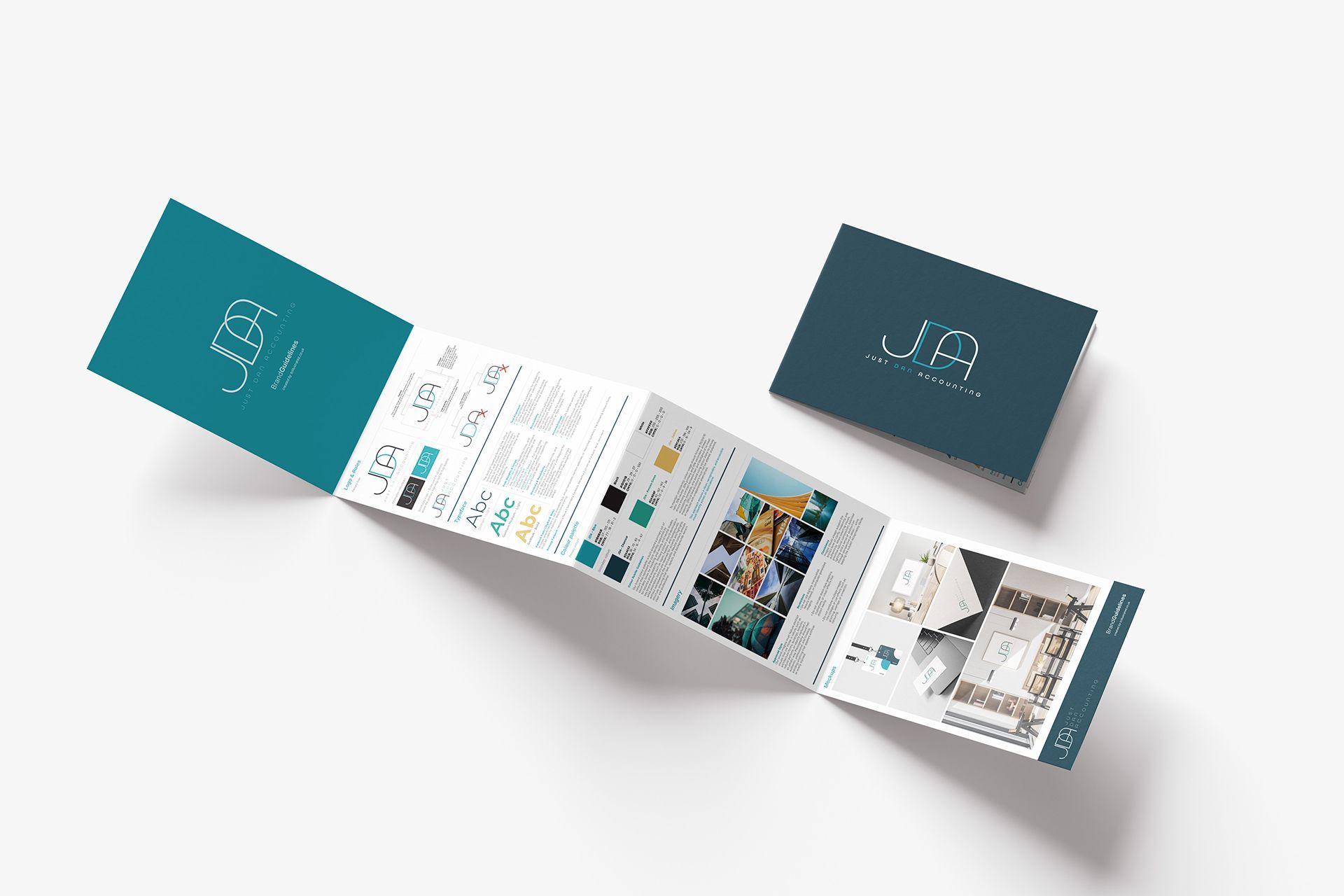Brochure and business card featuring the initials 