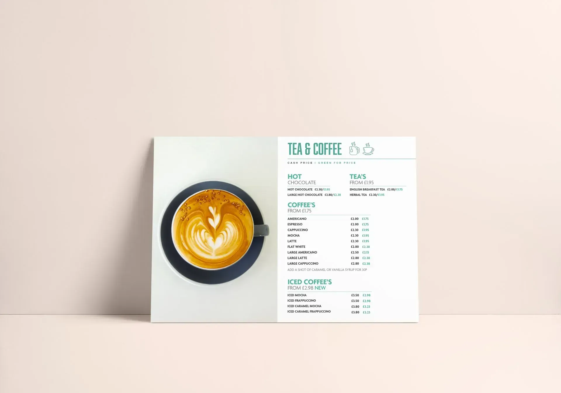 Menu with coffee cup, teal text, and light beige background.