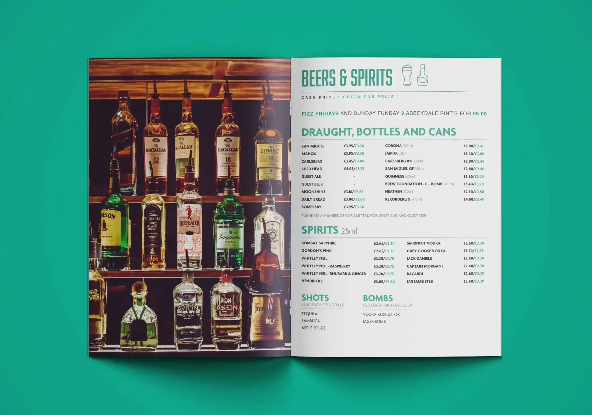 Bar menu with bottles on the left and a list of drinks on the right, on a green surface.