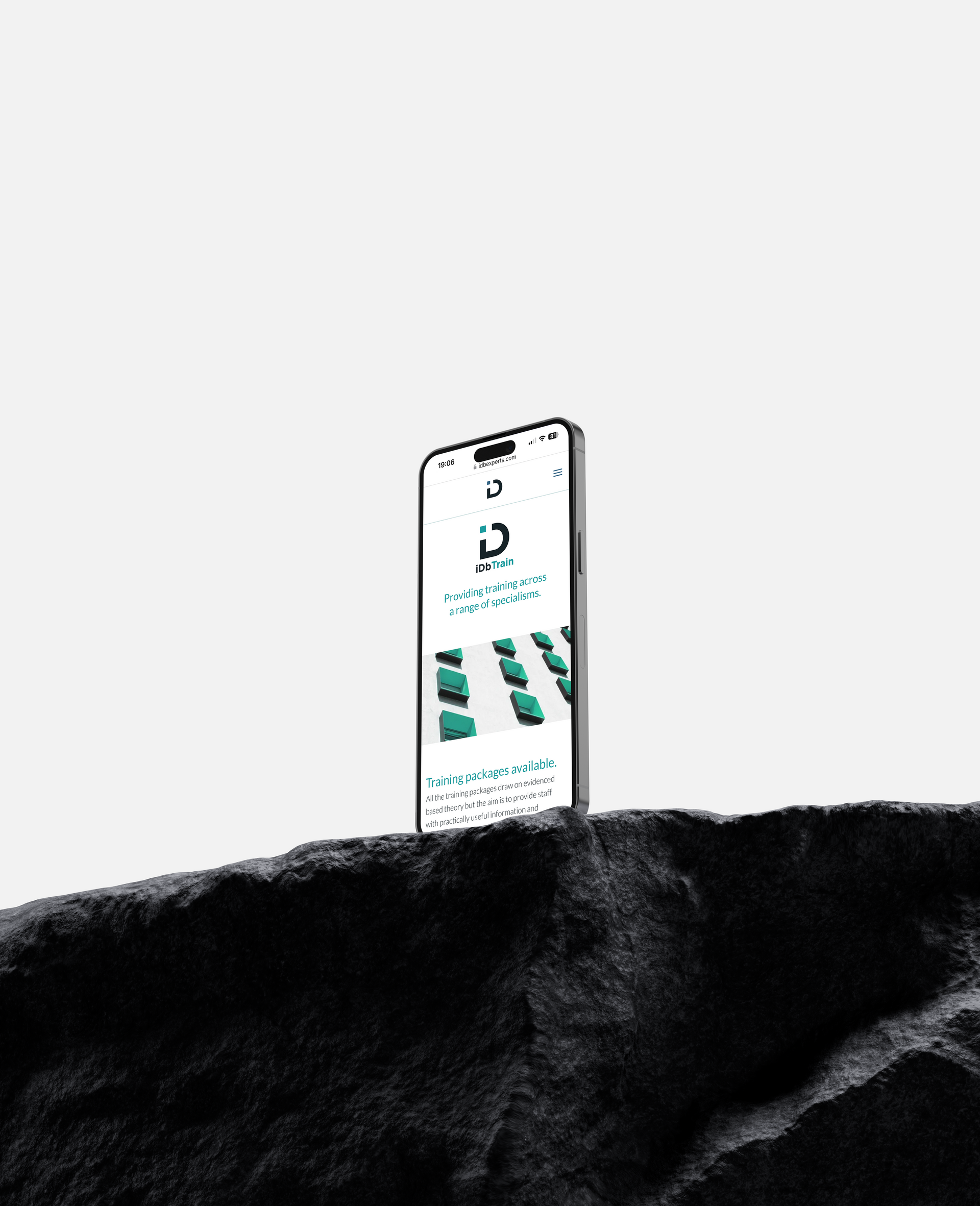 Smartphone displaying app on dark, textured surface, white background.