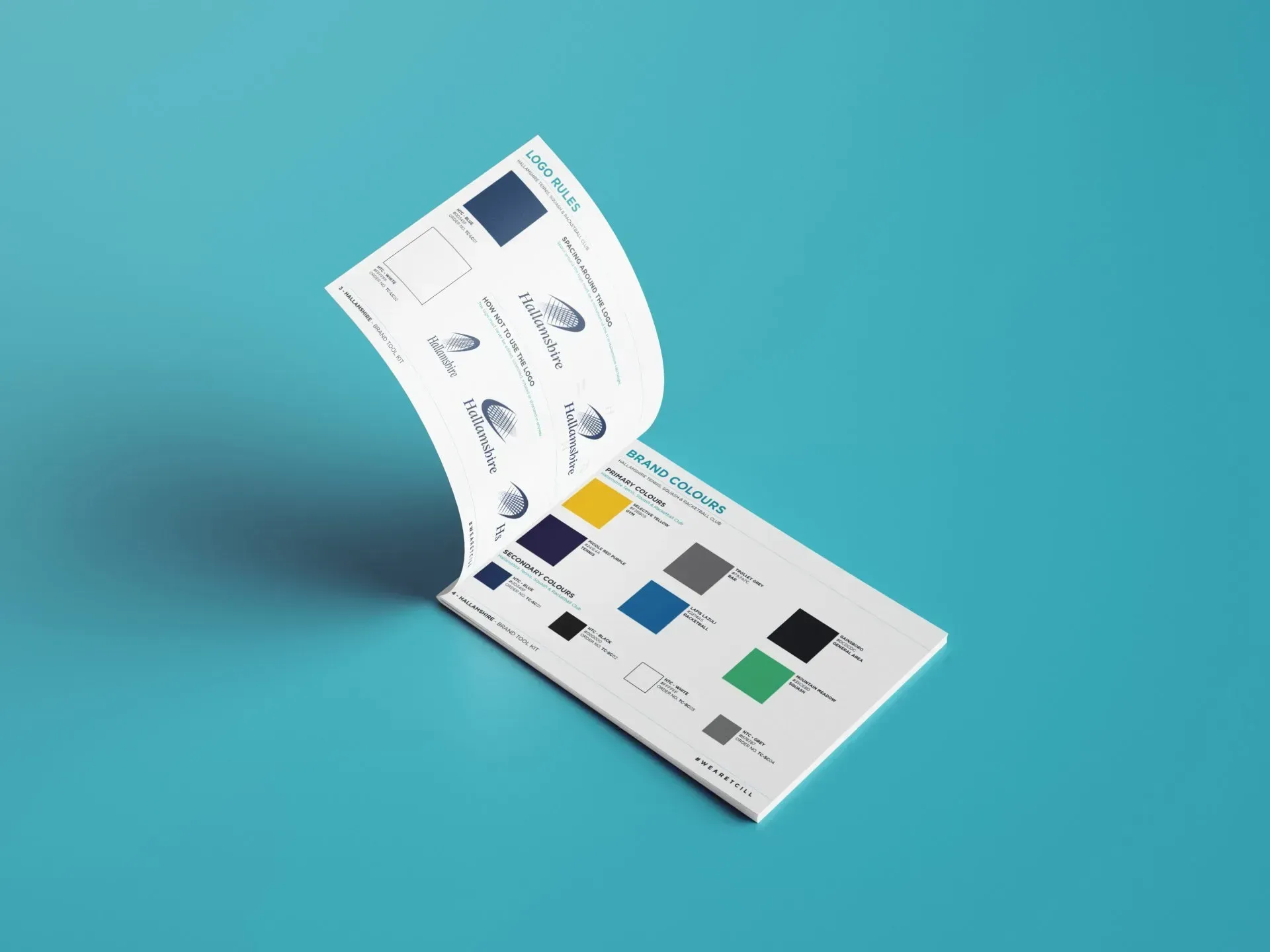 Booklet with logo and color palette on blue background. A page is being flipped.