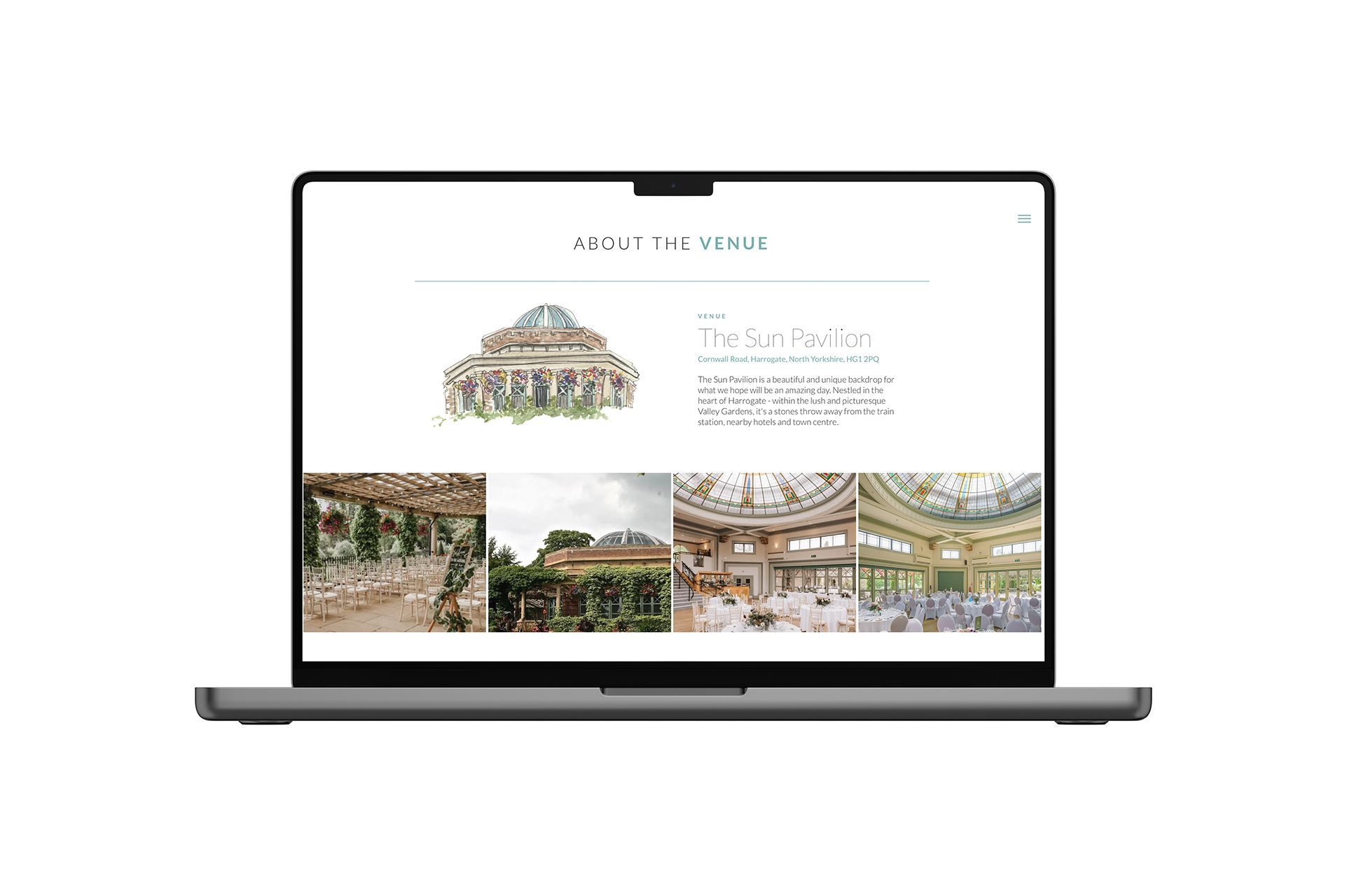 Laptop displaying a website about a venue, with architectural illustrations and photos.