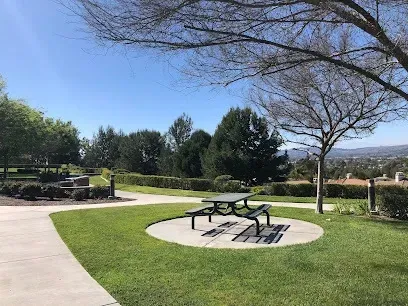 Tree Services West Covina -A sunny park scene with a green lawn and a picnic table on a concrete pad. A bare tree stands nearby, with scenic hills visible in the background.