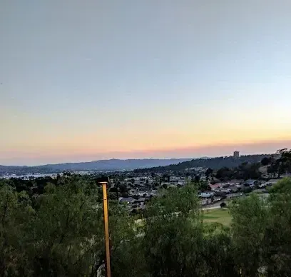 Tree Removal Service West Covina showcasing a scenic view of a suburban neighborhood surrounded by greenery, with a clear sky at sunset and rolling hills in the distance.