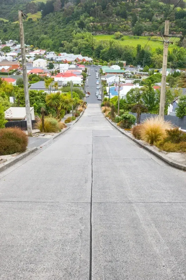 Tree Removal Service West Covina shows a steep concrete street lined with utility poles and lush greenery, leading down to a residential neighborhood surrounded by rolling green hills.
